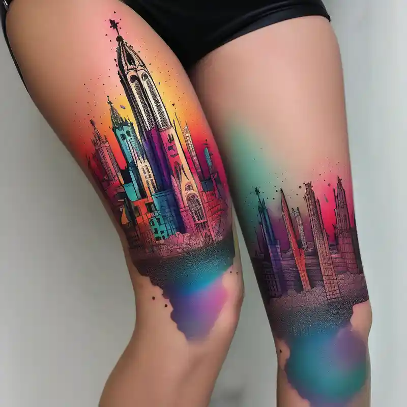 Creative Barcelona cityscape leg sleeve floral sleeve tattoo